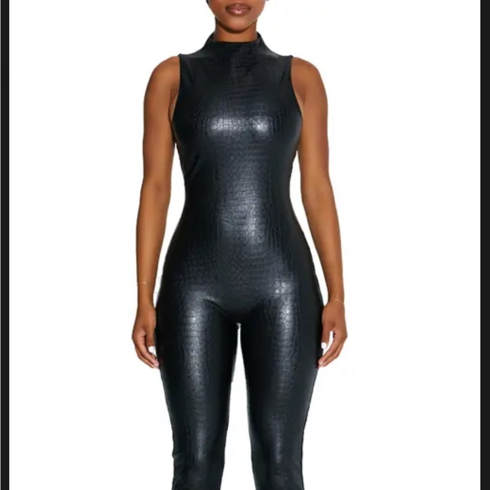 NAKED WARDROBE CROC FAUX LEATHER BLACK JUMPSUIT